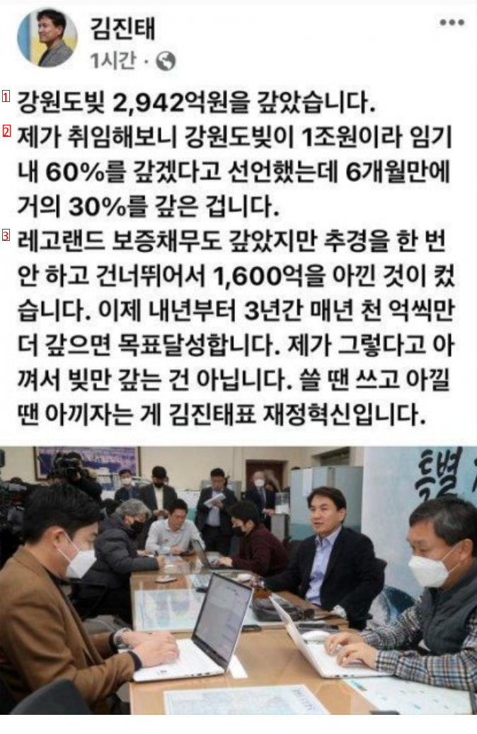 Kim Jintae, governor of Gangwon Province, paid off his debts in Gangwon Province