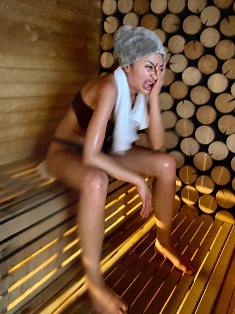 a woman in a sauna