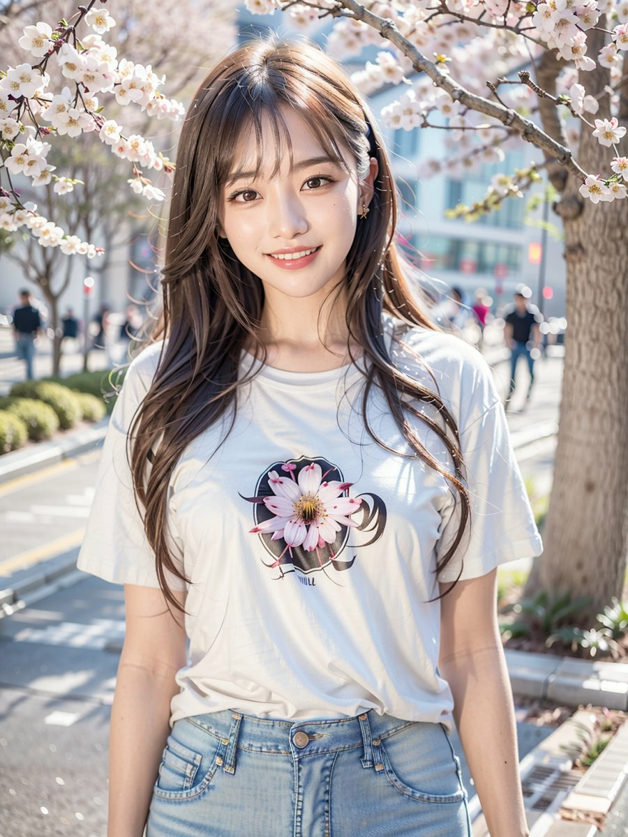 The female college student in Spring Day with cherry blossoms drawn by AI.