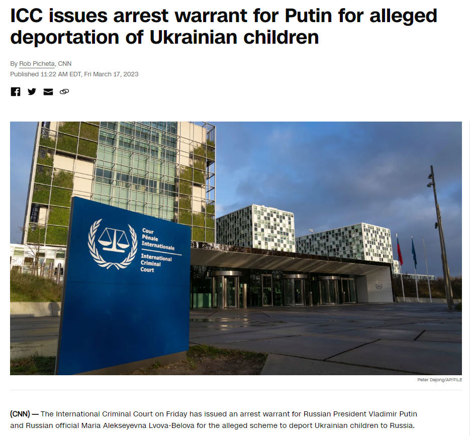 Breaking News: Arrest warrant issued to President Putin of the International Criminal Court.