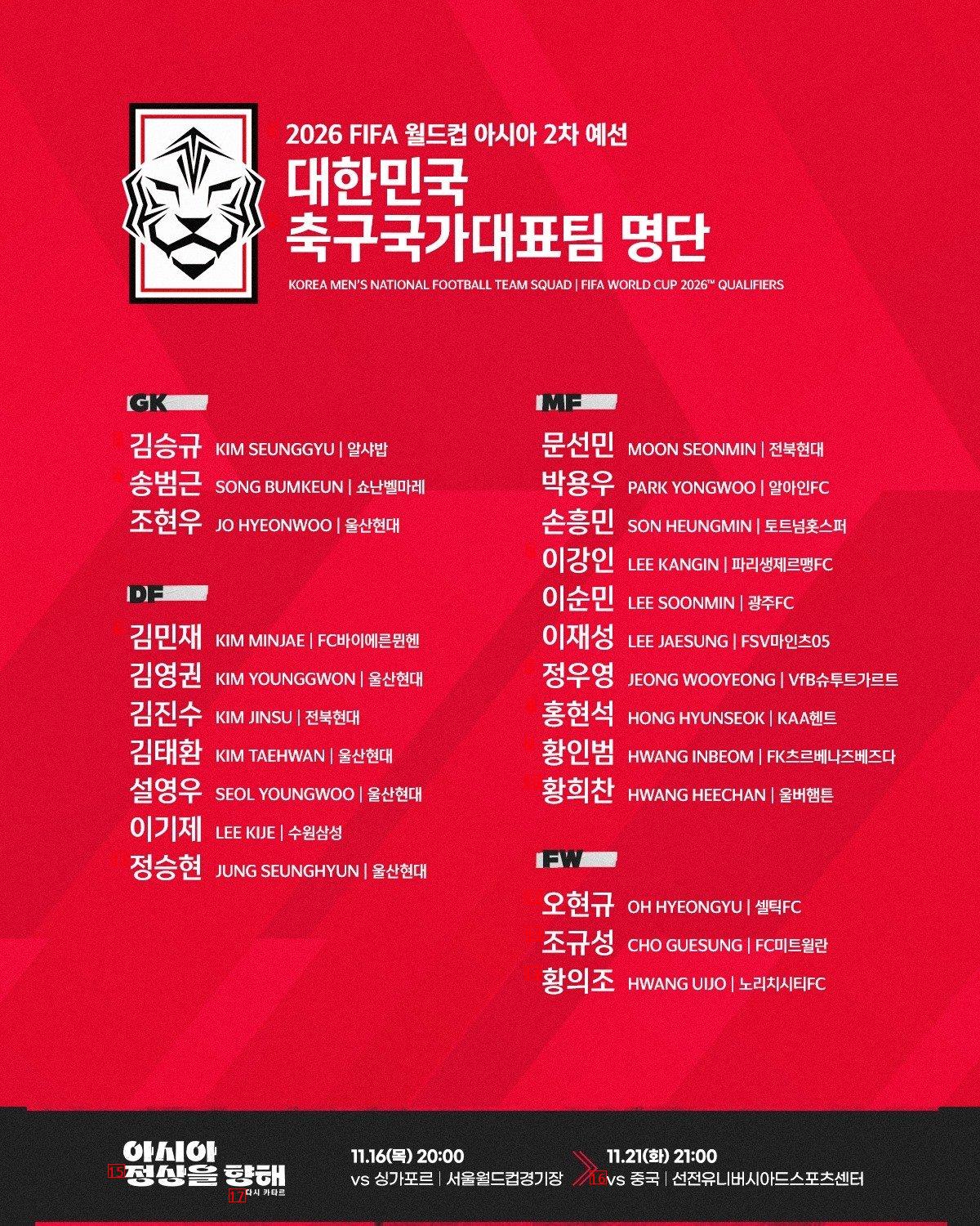 Official South Korean national team November roster