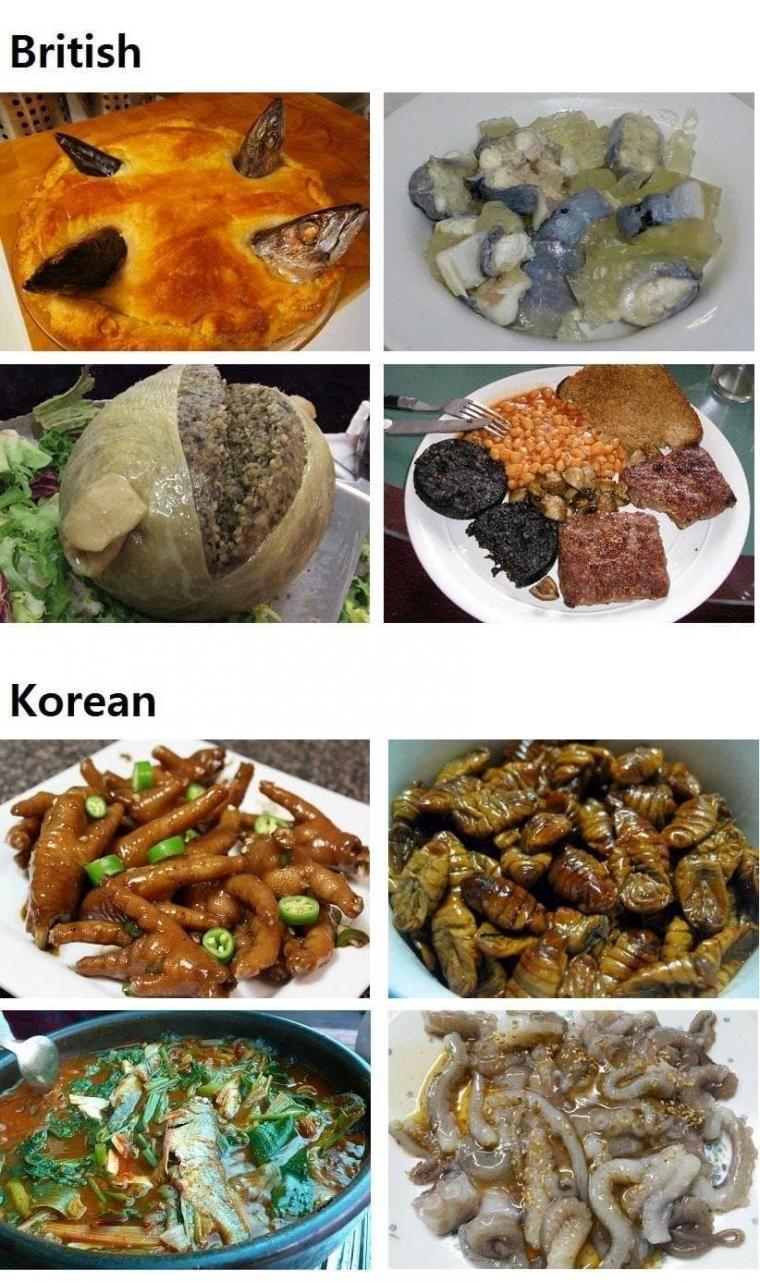 British food and Korean food that they eat in Korea