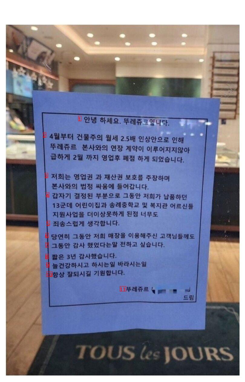 Announcement of the reason for the closure of the local Tous Les Jours