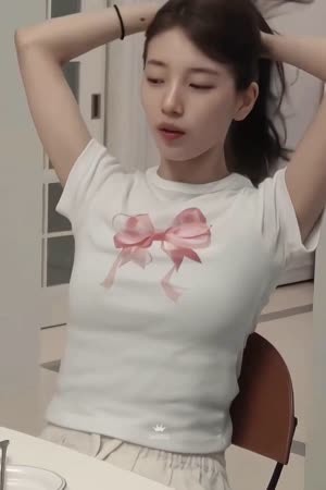 The beautiful Suzy's hair is tied up in a puffy white t-shirt.