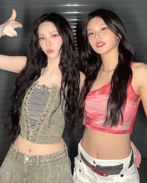 Karina + Yeji taking the challenge corset outfit, narrow ant waist belly button