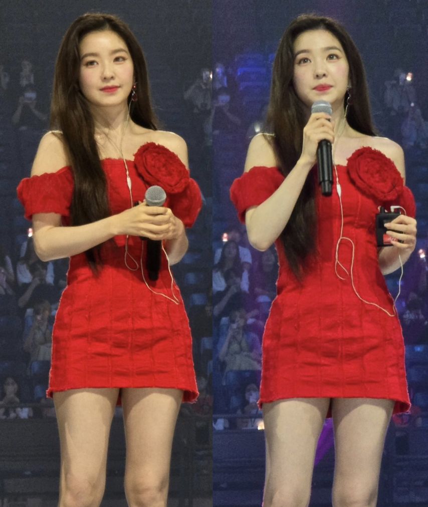 Red Velvet Irene going up the stairs red off-shoulder mini dress hips