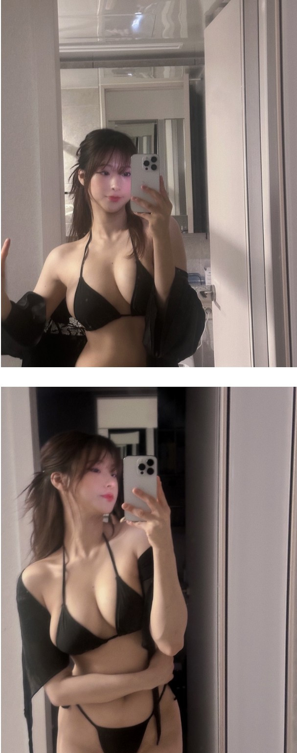 (SOUND)Myungahchu taking a mirror selfie wearing a black string bikini, showing off her cleavage