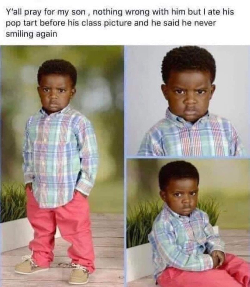 My son got upset because his dad stole cookies on the day of kindergarten photo shoot.