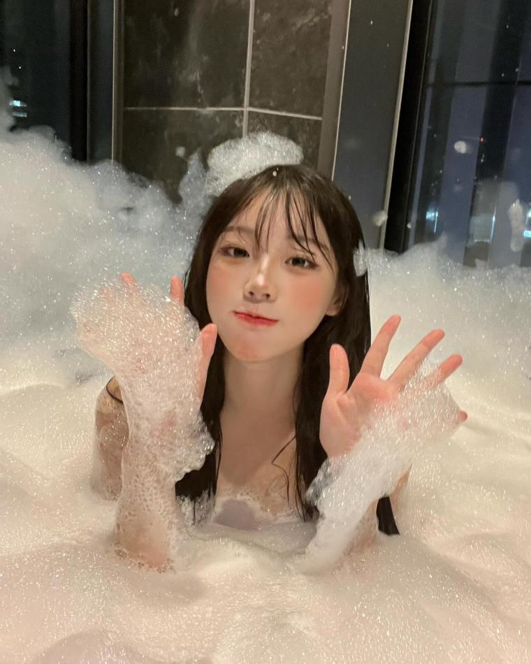 Kimusedin bubble bath, wet micro bikini, breasts about to pop out