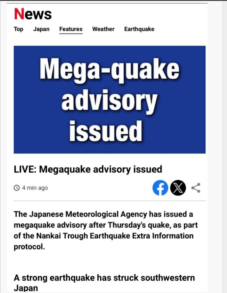 Breaking News) The Japan Meteorological Agency (JMA) issues a “major earthquake warning” for the first time in history.