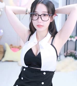 Magenta black bra top cleavage with glasses