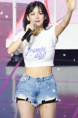 Fromis Nine Lee Chae-young Crop White Tee Denim Hot Pants Ant Waist