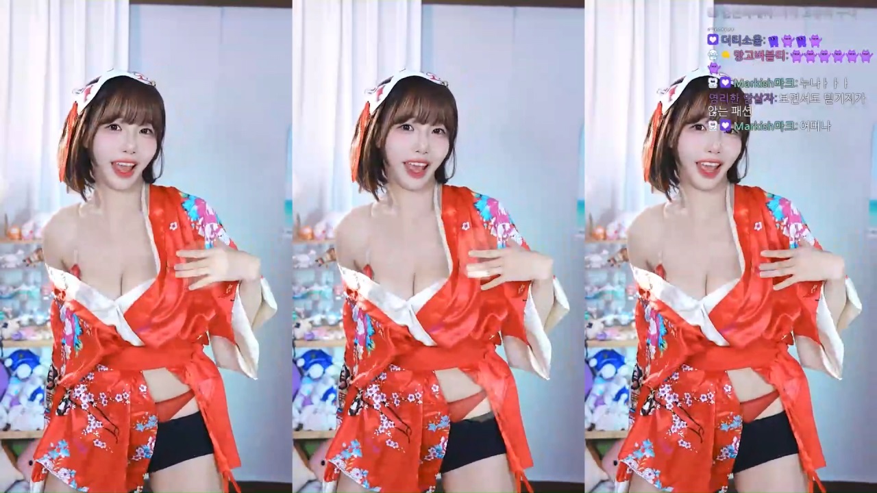 (SOUND)Suryeon in a red kimono with a red lace bra and panties sticking out.