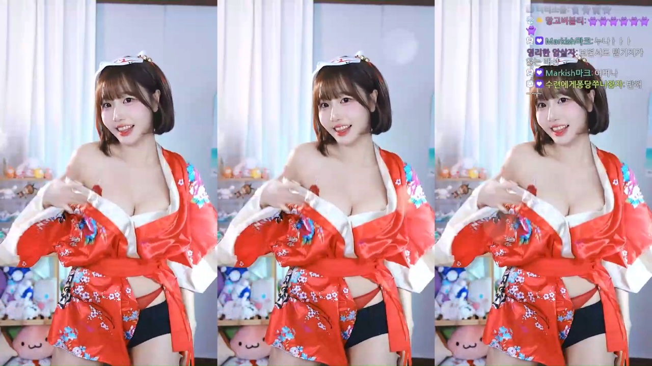 (SOUND)Suryeon in a red kimono with a red lace bra and panties sticking out.