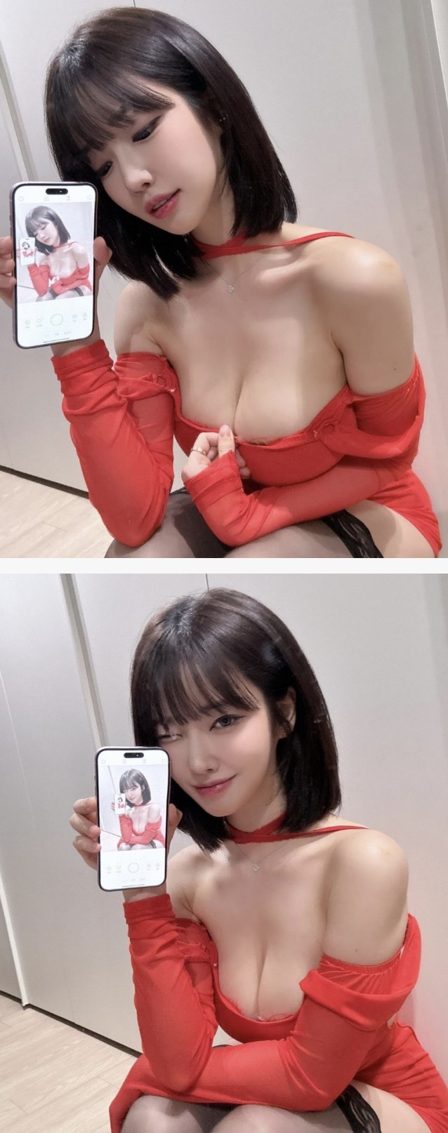 Juicy Seyeon's cleavage squatting in a red off-shoulder top