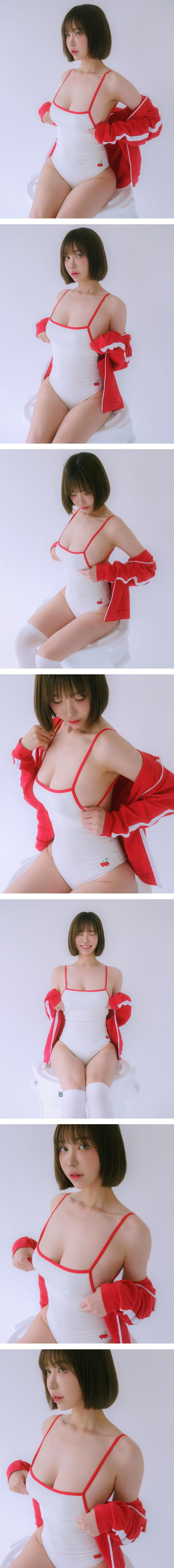 Red straps and white one-piece, swimsuit style with an attractive body