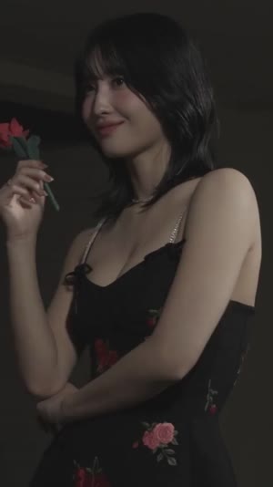 TWICE Momo Black strap dress with rose flower cleavage