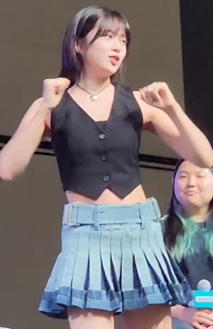 Ive Ahn Yu-jin, softly dancing short hair, denim skirt, thighs, armpits